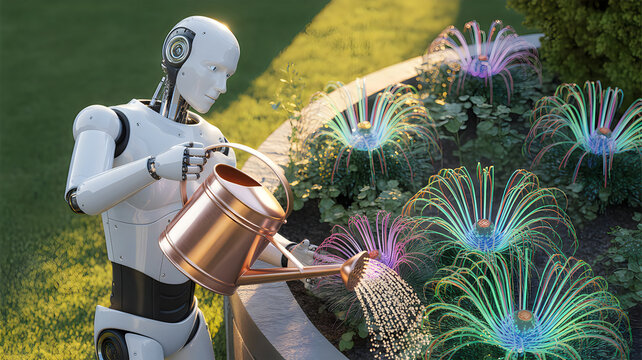 Robot gardener tending colorful alien plants
