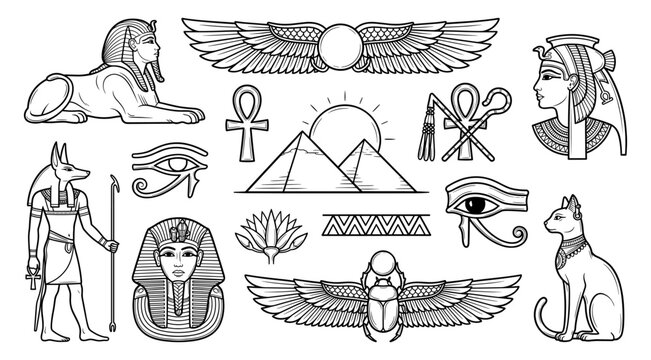 Ancient Egypt element set sphinx anubis pyramid pharaoh linear black