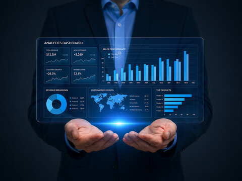 Business professional displaying a futuristic holographic analytics dashboard with charts, graphs, and world map data