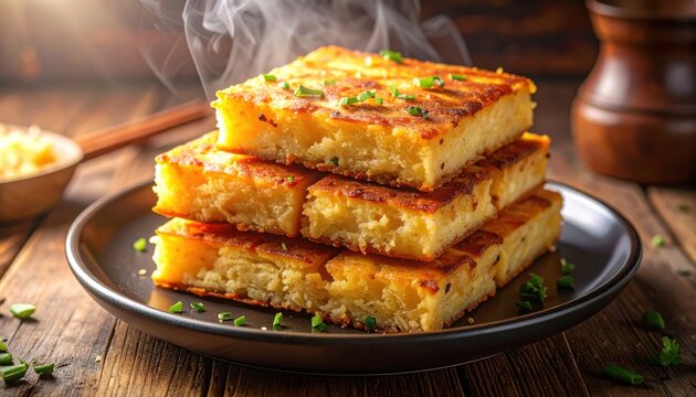 Steaming Stack of Golden Fried Turnip Cake Squares with Crispy Edges and Fresh Chive Garnish, Served on a Rustic Wooden Table.