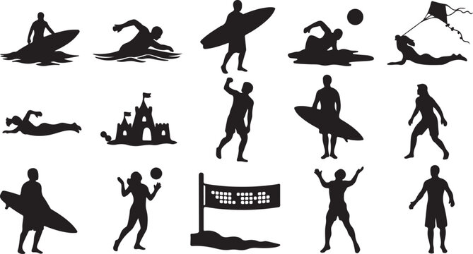 Surfing, beach, sports icons, black silhouettes, vector graphics