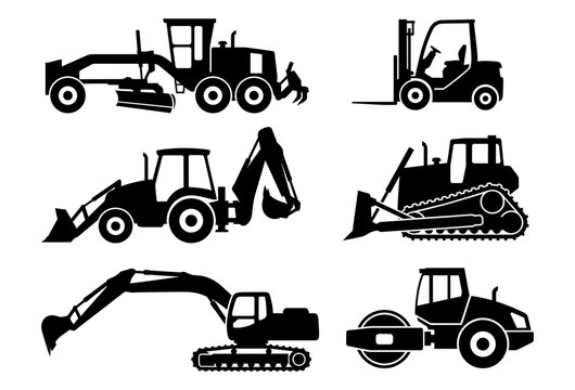 Construction vehicle set excavator bulldozer forklift and grader silhouette