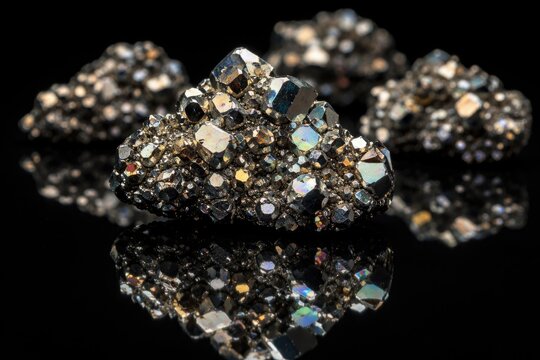 Ir pyrites mineral clusters reflecting light on a sleek black surface