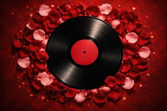Festive Valentines Day backdrop with black LP disc encircled by delicate rose petals on a rich red textured ground