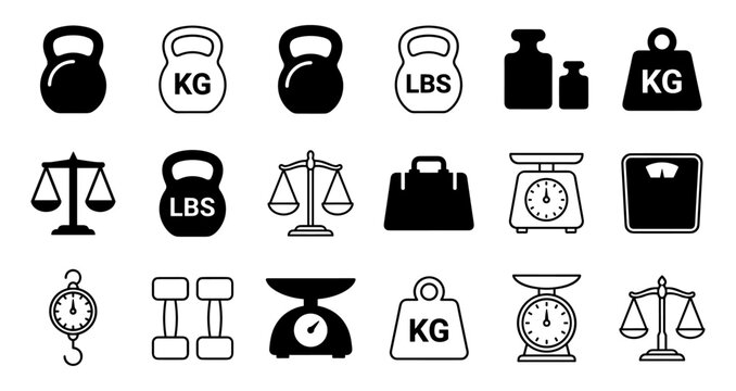 Weight scale icon set with kettlebell balance and dumbbell silhouette