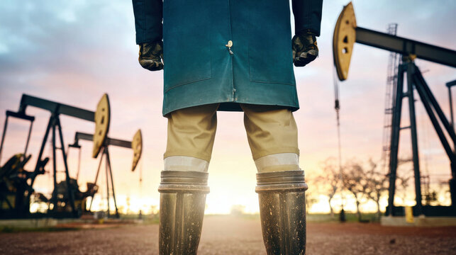 Oil worker standing in oil field at sunset