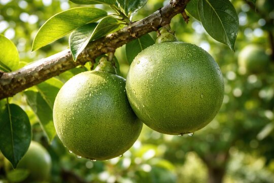 Healthy green Aegle marmelos fruit growing on tree limb