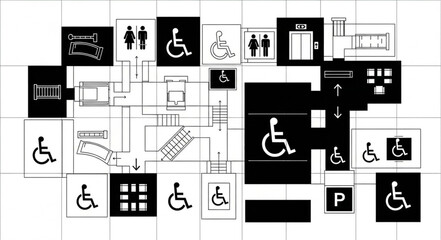 Modern building accessibility signage and floor plan. © Nis