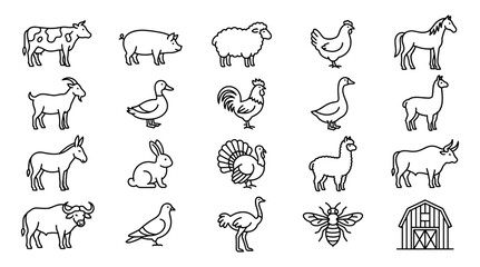 Obraz premium Farm animal line icon set cow pig sheep chicken horse llama rabbit