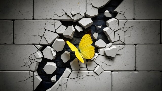 Yellow butterfly breaking through a cracked brick wall. Freedom and personal transformation. Butterfly emerging from a hole in a gray stone wall representing breakthrough