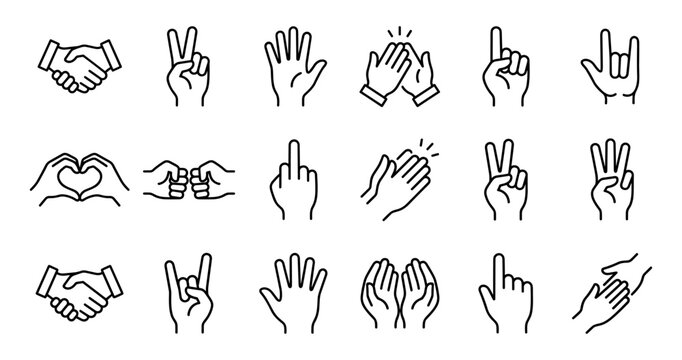 Hand gesture line icon set handshake heart clapping fist peace