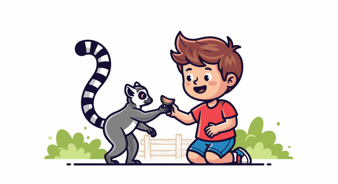 A cheerful boy shares fruit with a friendly lemur in a vibrant cartoon