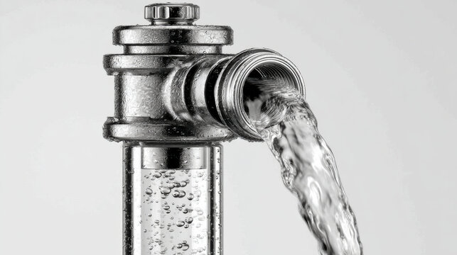 Water flowing from pipe with bubbles in transparent section