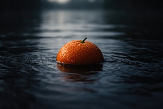 a forlorn orange fruit partially submerged in water