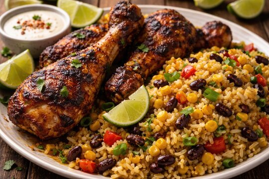 Flame grilled jerk chicken legs alongside vibrant corn and bean rice