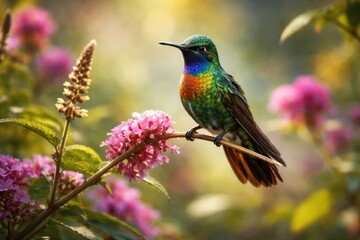 Obraz premium Exotic hummingbird pausing on a flowering plant stem