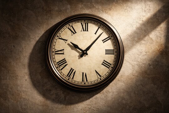 A prominent clock mounted on a textured concrete wall with brown and white color tones casting shadows