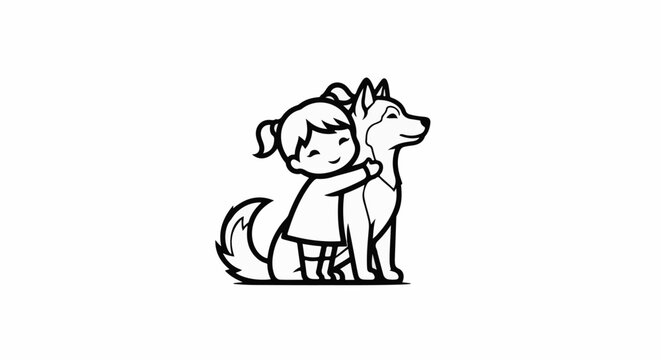 A child hugs a dog, both smiling, depicted in a black and white outline style