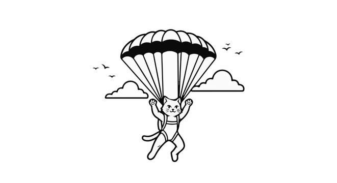 A cartoon cat parachutes through the sky with clouds and birds