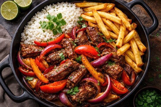 Delicious Peruvian beef Lomo saltado with stir fried vegetables fries and rice in black pan overhead shot