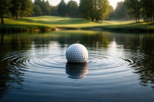 Golf ball resting on placid water surface causing mild ripples against a quiet green golf course landscape