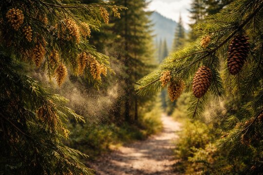 Evergreen cedar and pine limbs with pollen and cones highlighted on a mountain trail walk