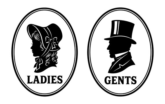 Restroom sign with vintage silhouette of lady and gentleman