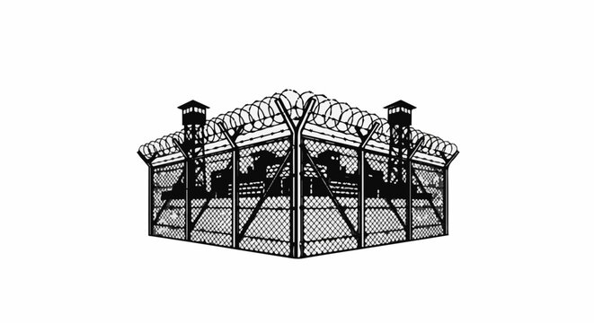 A black and white illustration of a prison with guard towers and barbed wire