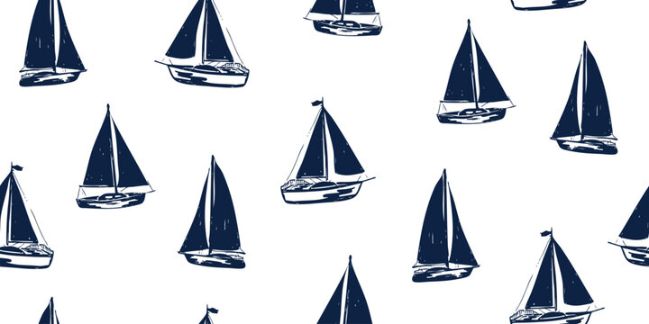 Sailboat seamless pattern. Hand drawn nautical yacht doodle in navy blue ink. Minimalist marine travel sketch. Ocean sailing background. Vector illustration for textile, wallpaper, baby clothes.