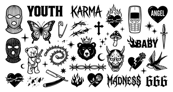 Balaclava butterfly tattoo flash sheet streetwear old school heart dagger