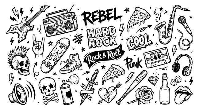 Hard rock and roll doodle set with punk skull guitar and boombox