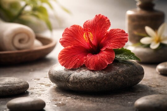 A spa composition with a stone holding a reddish hibiscus flower over a soft grey background
