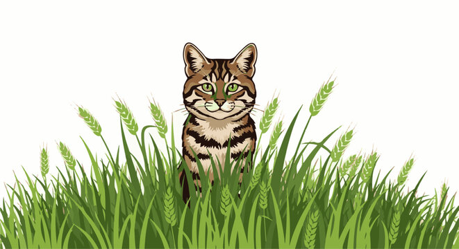 A brown tabby cat with green eyes sits amidst tall green grass and wheat stalks