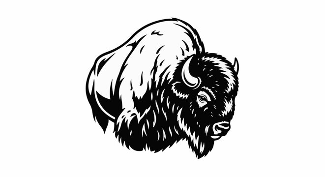 A black and white illustration of a bison in profile
