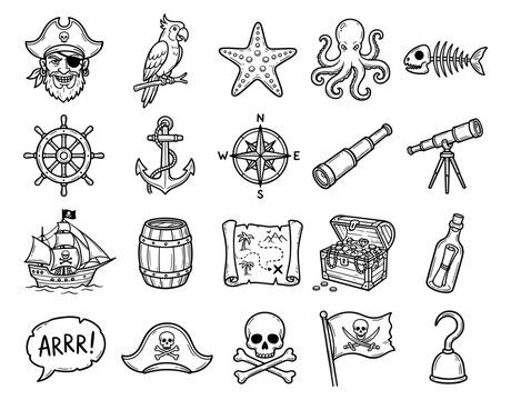 Pirate sketch set with skull ship anchor treasure map chest parrot