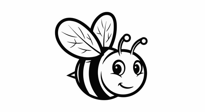 A black and white cartoon illustration of a happy bee with wings