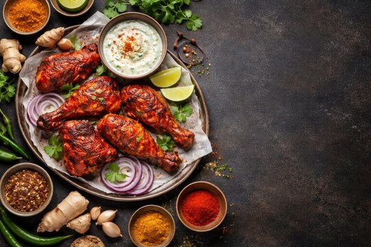 Flat lay image of Indian tandoori chicken with creamy yogurt marinade and spice blend on a dark stone surface featuring copy space