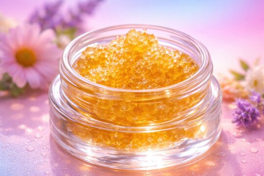 Detailed shot of live flower rosin in a transparent container against a smooth pink blue purple color gradient background
