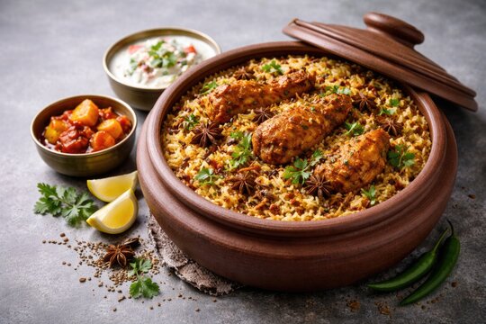 Clay pot filled with flavorful chicken dhum biriyani seasoned with cumin and spices served with raitha and lemon pickle on grey copy space surface