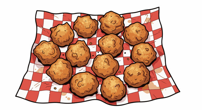 A basket of golden fried meatballs sits on a red and white checkered napkin