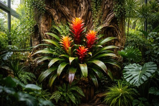 Lush tropical bromelia thriving on an artistic wooden backdrop amidst various greenhouse plants