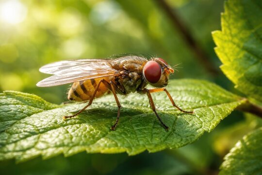 Active fruit fly crawling over fresh leaves on a tree