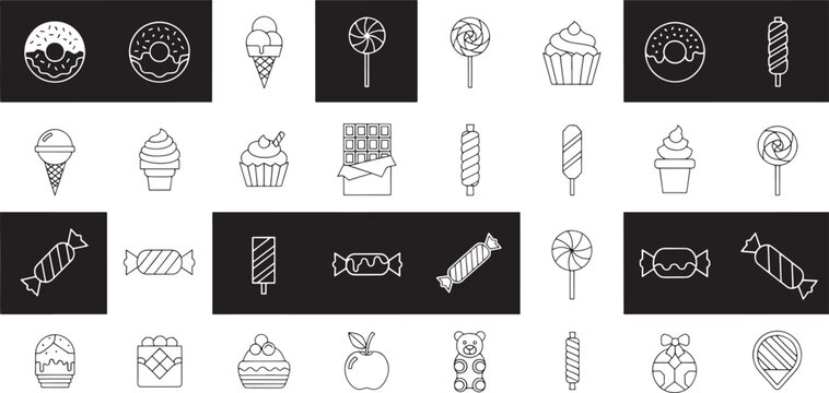 Collection of black and white line of various sweets and candies donut ice cream lollipop cupcake