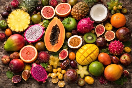 Flat lay of diverse fresh exotic fruits on rustic table
