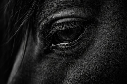 Artistic monochrome closeup emphasizing the eyelashes and skin texture near a horse's eye