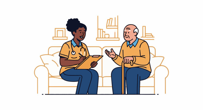 A caregiver interviews an elderly man on a couch