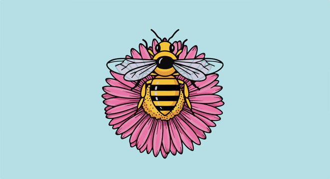A cartoon bee with yellow and black stripes rests on a pink flower