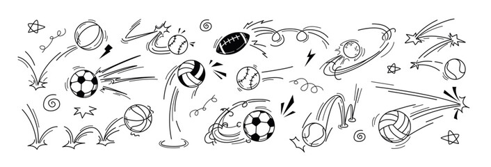Obraz premium Vector doodle sport ball trajectory bounce with motion line effects. Hand drawn soccer, football, basketball, rugby, volleyball, tennis and baseball sketch icons with flying bouncing movement and jump