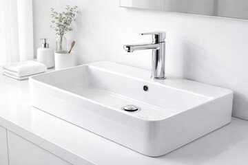 Fototapeta premium contemporary white basin featuring a chrome faucet set against an all white surface