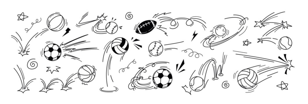Vector doodle sport ball trajectory bounce with motion line effects. Hand drawn soccer, football, basketball, rugby, volleyball, tennis and baseball sketch icons with flying bouncing movement and jump